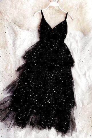 Sparkle Black Prom Dresses,layered Tulle Homecoming Dress,v Neck Homecoming Gown M1581
