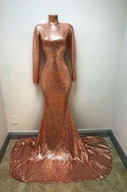Sparkling Gold Sequin Long Sleeve Mermaid Prom Gown M1583
