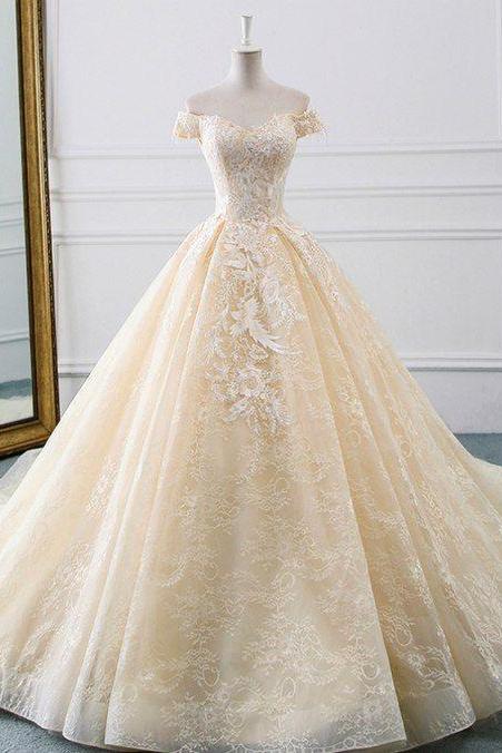 Champagne Ball Gown Tulle Lace Appliques Wedding Dress With Train M1590
