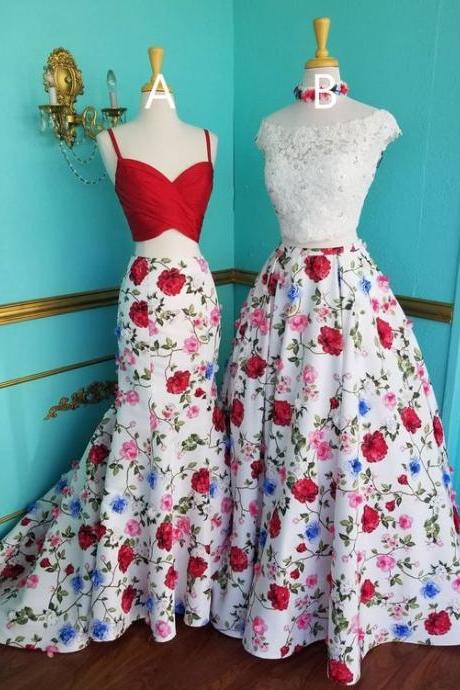 Two Piece Mermaid Floral Printed Prom Dresses Red A Line Lace Top Evening Ball Gowns M1594