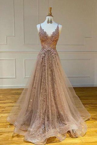 A Line Tulle Prom Dress Beauty Lace Beading Prom Grown M1600