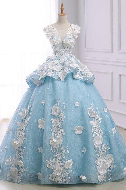 Blue Ball Gown Cap Sleeve Organza Flower Backless Wedding Dress M1601