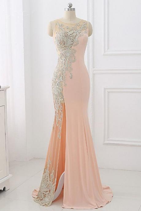 Pink Illusion Mermaid Evening Dress, Side Seam Prom Dress With Applique M1605