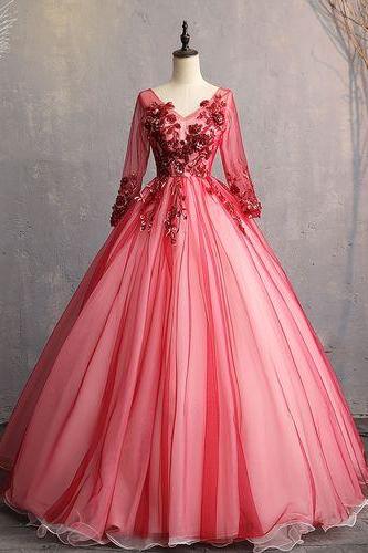 Red Tulle V Neck Long Sleeve Formal Prom Dress, Evening Dress M1613