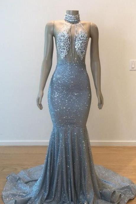 Luxury Halter Sliver Mermaid Prom Dress M1629