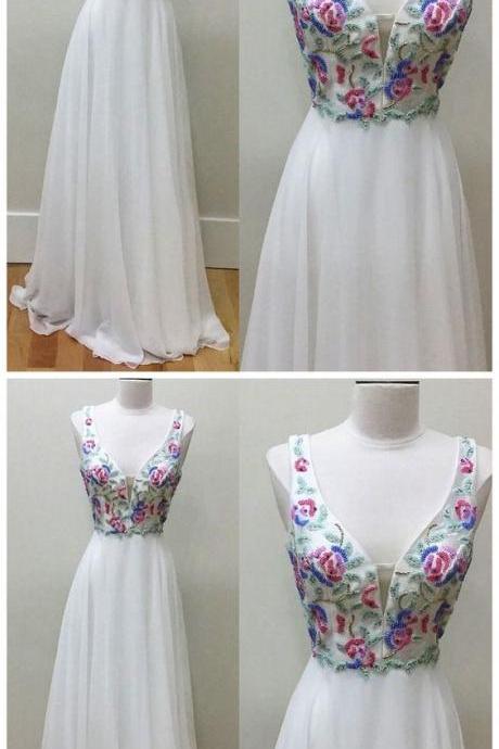 White V Neck Beads Chiffon Long Prom Dress, White Formal Dress M1639