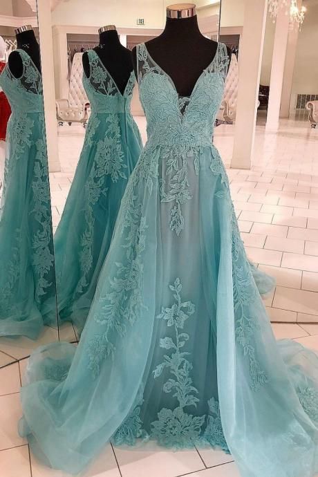 Sleeveless Mint V Neck Prom Dress Tulle A Line Wedding Party Dress With Lace Appliques M1645