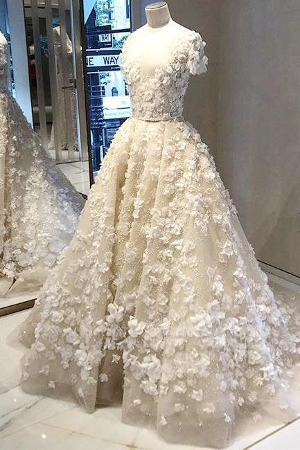 Charming Wedding Dress, Short Sleeve Tulle Wedding Dresses With Flower, Elegant Bridal Dress M1658