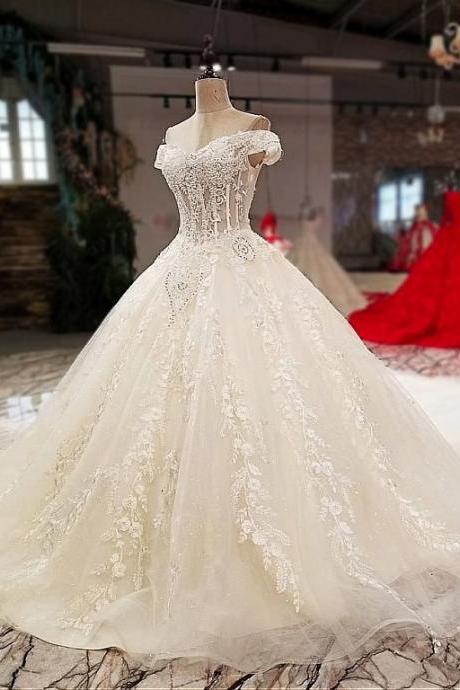 Magbridal Attractive Tulle Off-the-shoulder Neckline Ball Gown Wedding Dress With Lace Appliques M1659