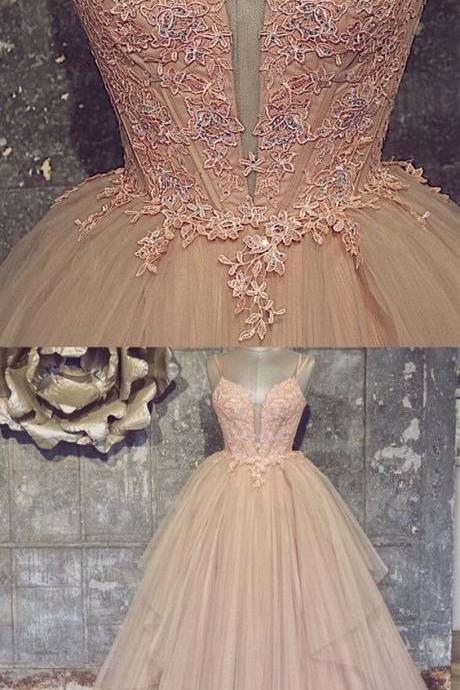 blush pink long prom dress, straps blush pink ball gown with spaghetti straps m1669