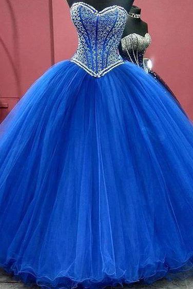 Luxury Crystal Beaded Ball Gown Tulle Prom Dresses,long Quinceanera Dress M1679