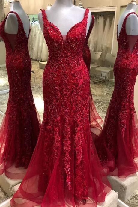 Gorgeous Red Tulle Beaded Long Prom Formal Dress,evening Dress M1688