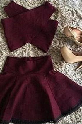 2 Piece Homecoming Dress,mini Cross Design Skirt For Teens,short Burgundy Party Dress M1695