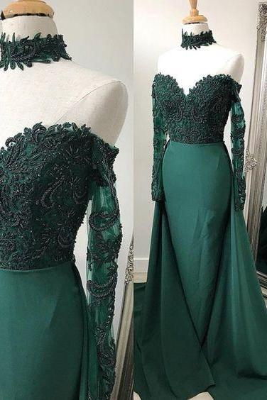 Emerald Green Lace Long Sleeves Mermaid Evening Dress, Arabic Long Formal Prom Dress M1699