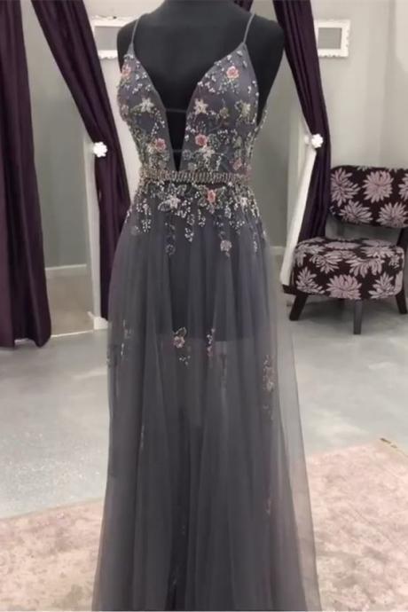 Modest Grey Long Prom Dresses With Beading, Unique Deep V Neck Evening Gowns, Glamorous Tulle Beaded Party Dress M1715