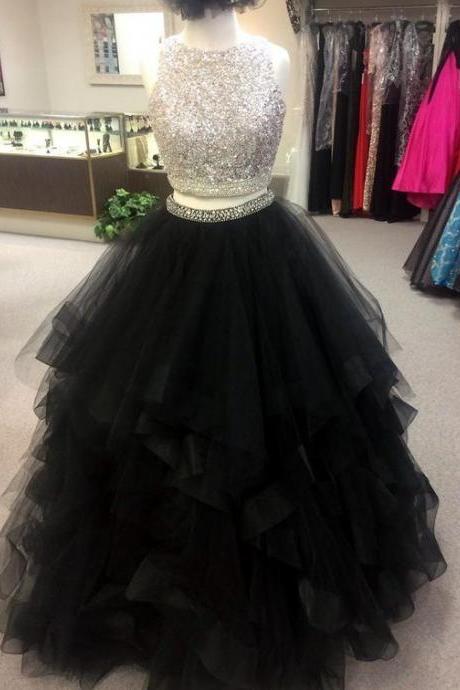 Charming Crystal Beading Two Piece Prom Dress, Sexy Tulle Homecoming Dress, Long Evening Dress M1727