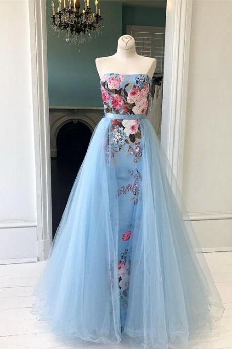 Chic A-line Strapless Light Sky Blue Long Prom Dress Beautiful Beaded Prom Dress Evening Formal Gowns M1738