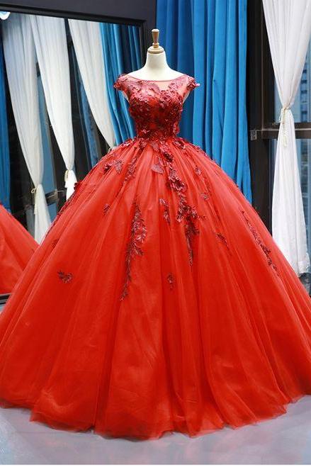 Red Ball Gown Tulle Appliques Bateau Backless Cap Sleeve Floor Length Prom Dress M1742