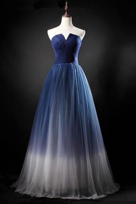 Real Picture Navy Blue Tulle Long A Line Homecoming Dress, Strapless Prom Dress M1743