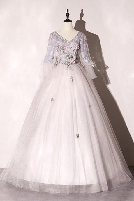 Gray Lace Long Sleeve Dress, Long With Tulle A Line Prom Dress Prom Gown With Applique M1744