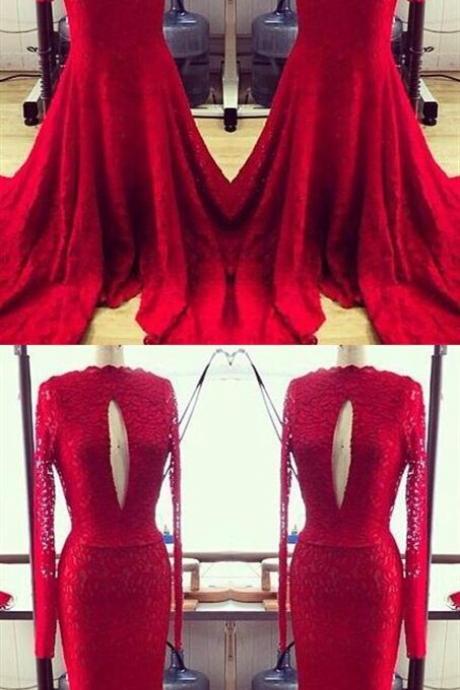Red Long Sleeves Cut Out Lace Prom Dresses Mermaid Evening Dresses M1745