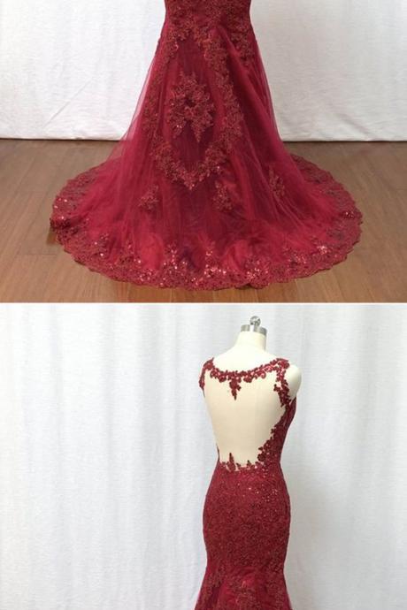 Burgundy Tulle Lace V Neck Long Mermaid Evening Dress, Women Prom Dress M1750