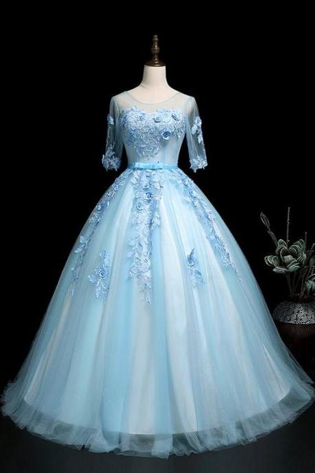 Unique Blue Tulle Round Neck Mid Sleeve Long Prom Dress, Evening Dress M1758
