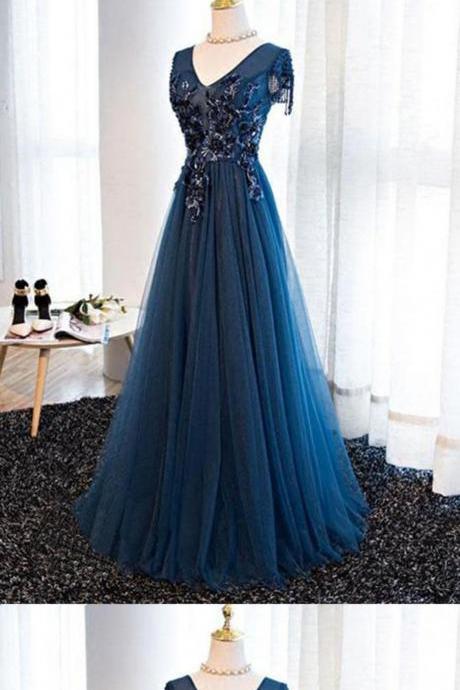 Navy Blue Tulle Long V Neck Cap Sleeve Evening Dress With Lace Applique M1760