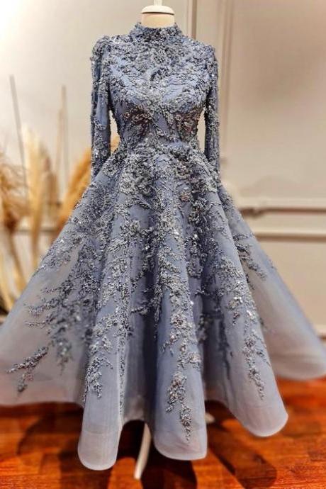 Blue Tulle Long Evening Dress With Lace Applique M1763