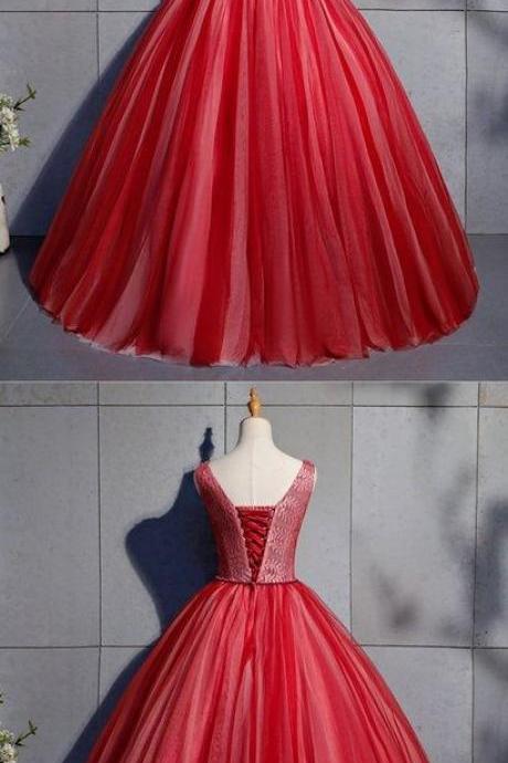 Red Tulle Crystal Beaded Long Lace Up Prom Dress, Red Evening Dress M1770