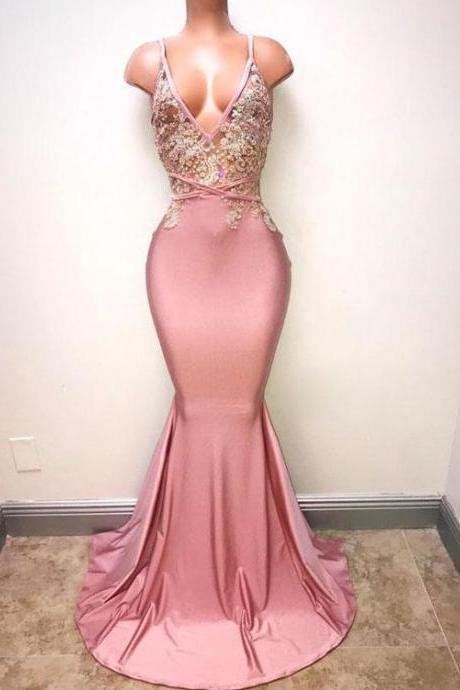 Charming Trumpet/mermaid Spaghetti Straps Pink Prom Drsess Formal Dress M1771