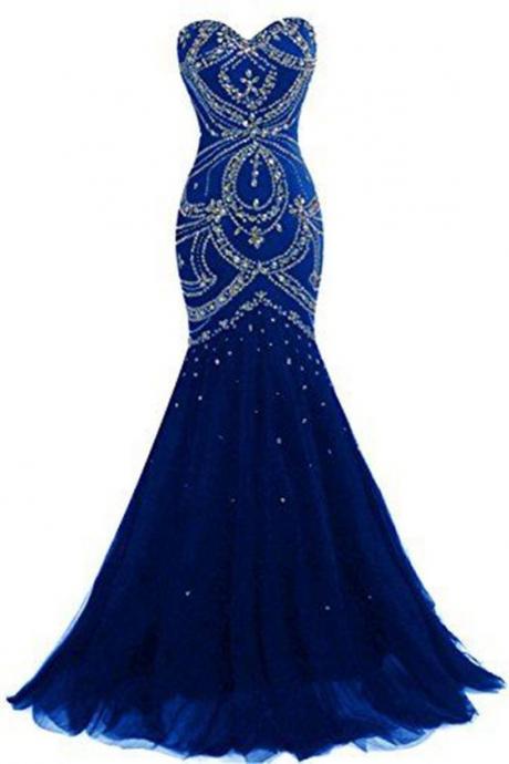 Luxury Navy Blue Tulle Sweetheart Sequins Beaded Backless Mermaid Long Prom Dresses M1774