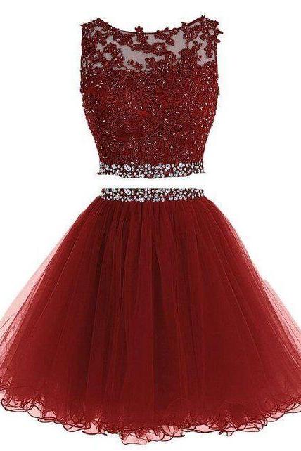 Sexy 2 Piece Tulle Homecoming Dresses With Appliques Beaded M1775