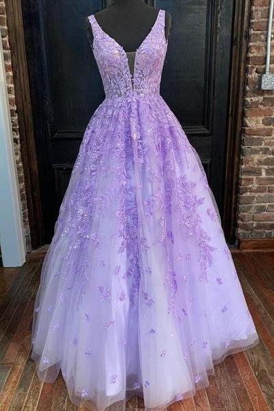 V Neck Purple Lace Prom Dresses, V Neck Purple Lace Formal Evening Dresses M1779