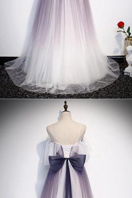 White Tulle Spaghetti Straps Long A Line Prom Dress, Formal Dress With Bowknot M1781