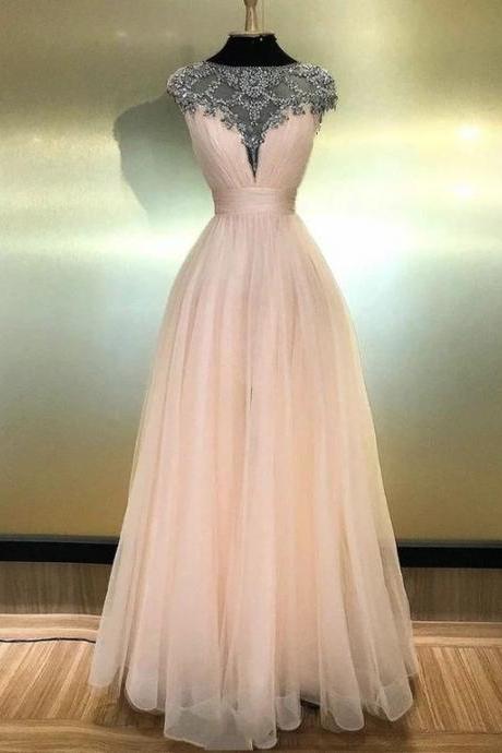 Blush Pink Tulle Cap Sleeve Long Beaded Prom Dress Formal Dress M1783