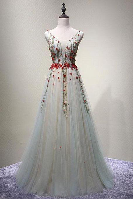 Cute V Neck Tulle Long Prom Dress, Evening Dress M1784