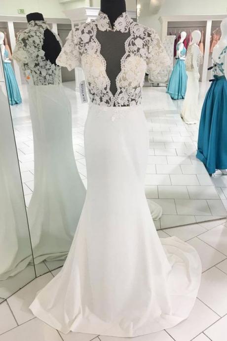 Unique White Satin Lace Applique Long Prom Dress, White Evening Dress M1785