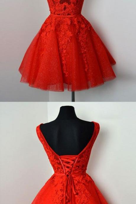 Red V Neck Lace Tulle Short Prom Dress, Red Homecoming Dress M1787