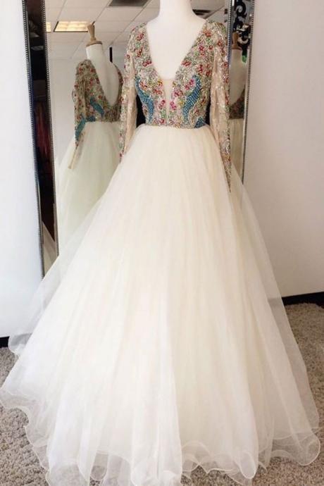 Beading Long Sleeve Prom Dress,long Prom Dresses,prom Dresses,evening Dress, Evening Dresses,prom Gowns M1789