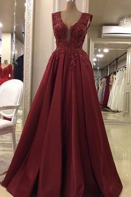 Burgundy V Neck Lace Long Prom Dress, Evening Dress M1792