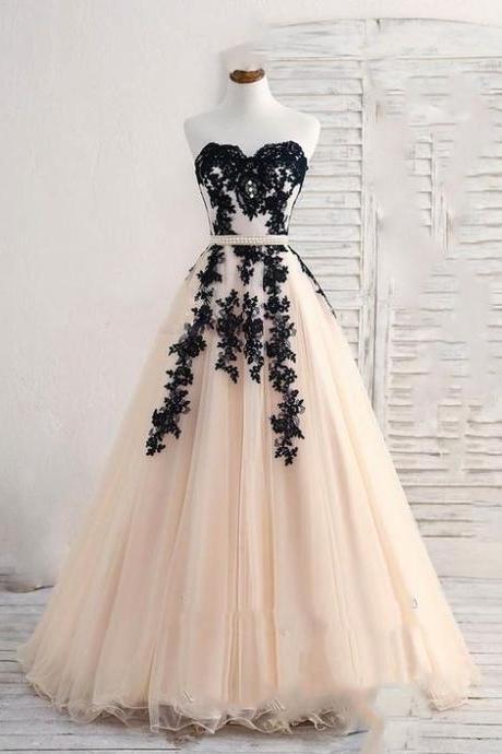 Champagne And Black Lace Wedding Party Gown Formal Prom Dress M1793