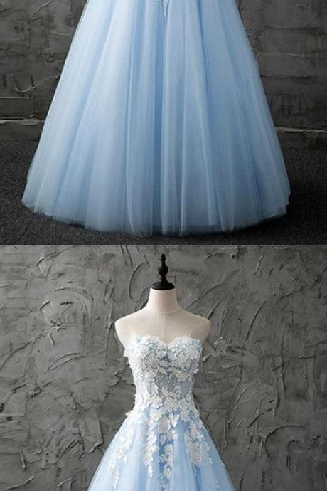 Sweetheart Blue Tulle Long Customize Evening Dress With Appliques M1794