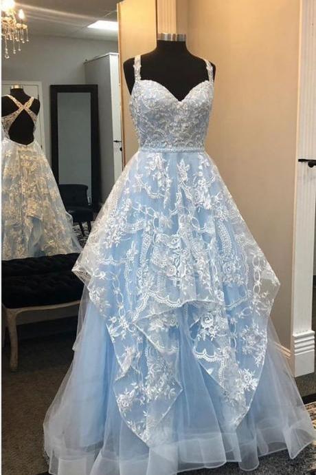 Gorgeous Light Blue Long Prom Dress With White Lace Appliques M1795