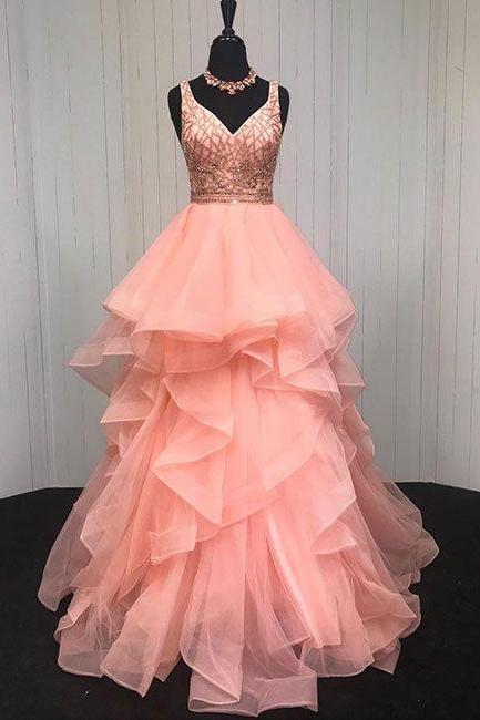 Pink V Neck Tulle Long Prom Dress, Evening Dress M1803
