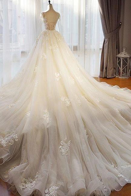 Champagne Tulle Lace Long Prom Dress, Champagne Wedding Dress M1805