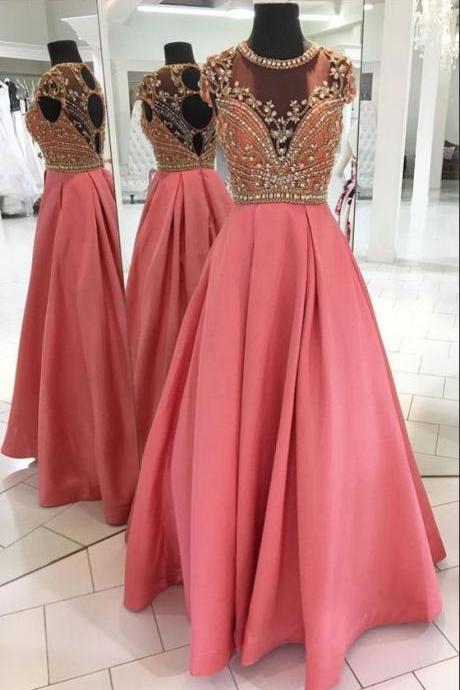 Satin Prom Dress, See Through Back Long Formal Dress With Sliver Beads, Prom Dresses For Teens M1811
