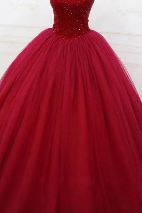 Off Shoulder Ball Gown Burgundy Tulle Long Prom Dresses With Beading M1812