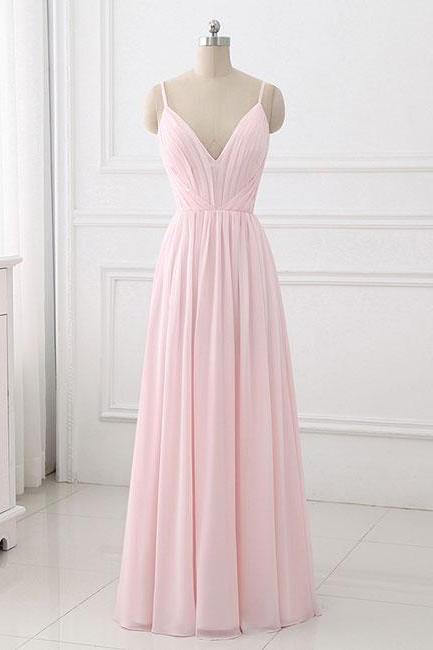 Sexy Floor Length Pink Chiffon Ruffle Long Bridesmaid Dress Custom Made Spaghetti Strap Prom Dress, Prom Party Gowns M1817