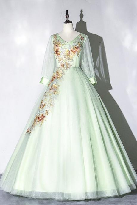Apple Green Tulle V Neck Long Dress, Long A Line Customize Senior Prom Dress M1823